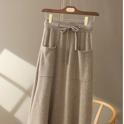Autumn And Winter100% Pure Wool Skirt Women's Long Pocket Small A Skirt High Waist Slim Cashmere Knit A-Line Skirt PlatiNum