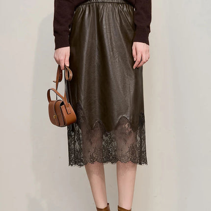 AMII Women's Skirt 2025 Autumn New Minimalist Versatile Clothing Ladies Leather Splicing Lace Solid A-line Midi Skirt 12543095 PlatiNum