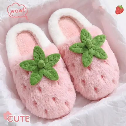 Cute Strawberry Design Furry Cotton Slippers Women's Winter Thick Soled Anti Slip Indoor Home Slippers Comfort Plush Warm Shoes