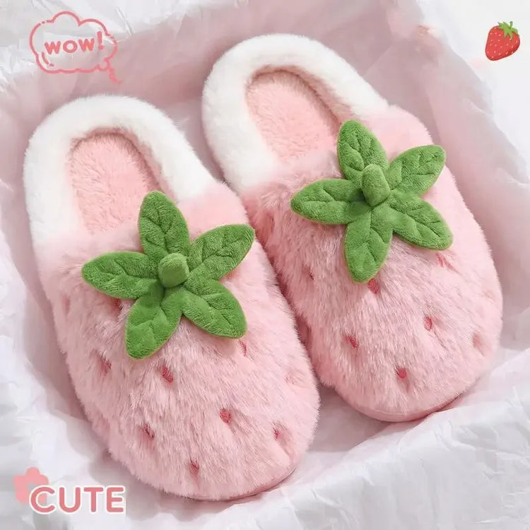 Cute Strawberry Design Furry Cotton Slippers Women's Winter Thick Soled Anti Slip Indoor Home Slippers Comfort Plush Warm Shoes