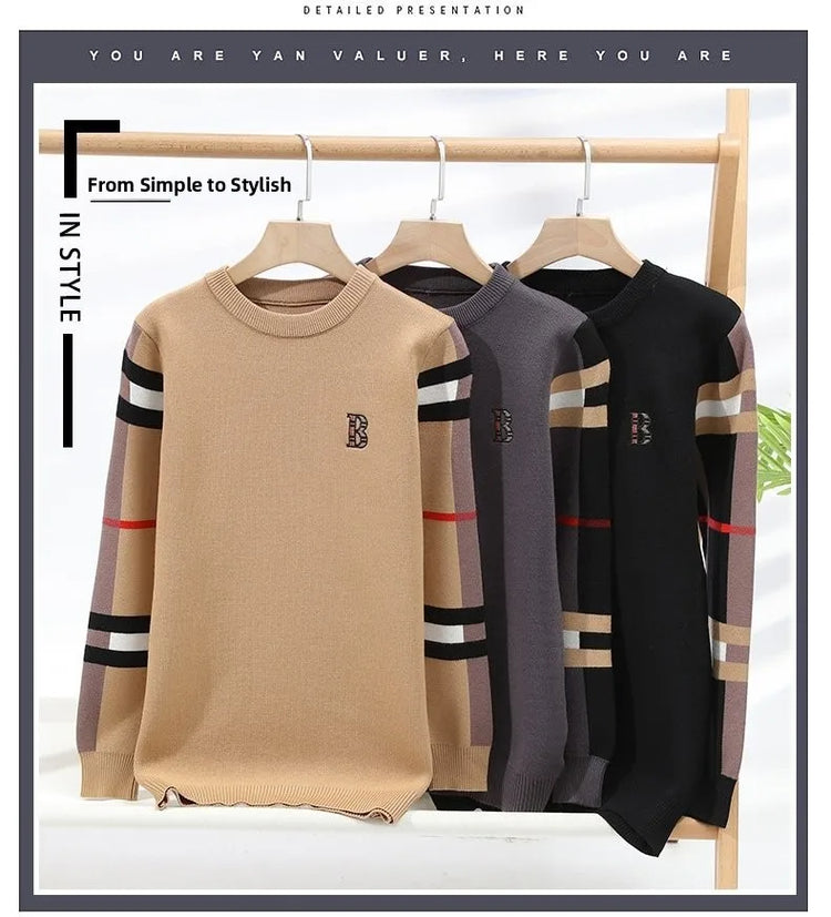 round Neck Knitted Sweater Autumn Winter Men's Fashion Thickened Long Sleeve Leisure Comfortable Fit Youthful Style Polyester...