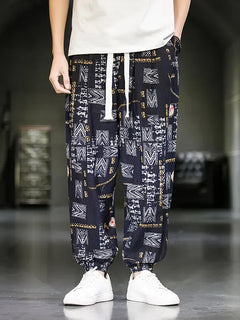 Pantaloni Primavera-Estate da Uomo in Stile Cinese, Sottili e Traspiranti in Cotone e Lino, con Vita Elastica, Pantaloni Harem Stampati Casual e Comodi