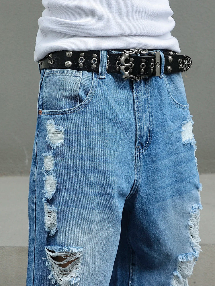 Men's Ripped Baggy Jeans Loose Fit Distressed Denim Pants Light Wash Y2K Streetwear Wide Leg Style PlatiNum