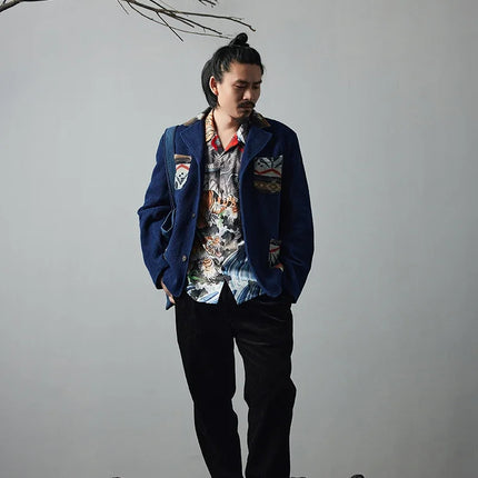 Men's Indigo Multi Pockets Jacket French Retro Blue Dye Lapel Thick Workwear Tooling Cardigan Coat plus Size for Autumn Winter