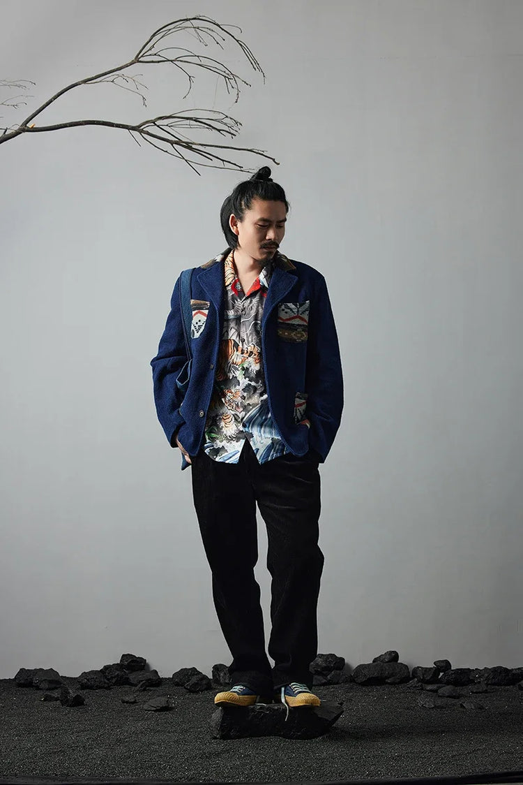 Men's Indigo Multi Pockets Jacket French Retro Blue Dye Lapel Thick Workwear Tooling Cardigan Coat plus Size for Autumn Winter