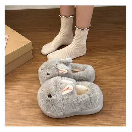 New Cute 3D Rabbit Furry Slippers Women Winter Warm Plush Closed Back House Shoes Non Slip Bunny Indoor Flip Flops Home Slipper