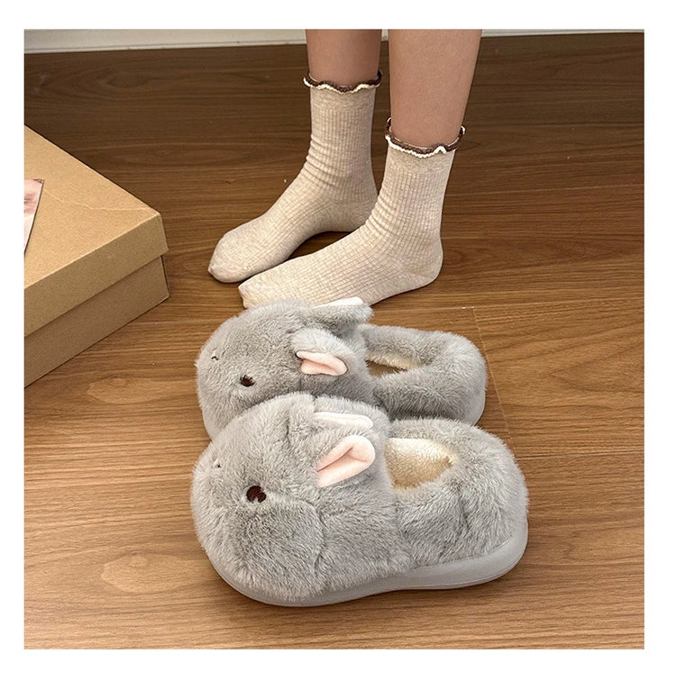 New Cute 3D Rabbit Furry Slippers Women Winter Warm Plush Closed Back House Shoes Non Slip Bunny Indoor Flip Flops Home Slipper