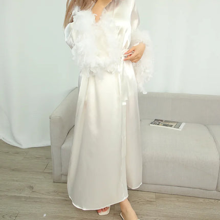 Piuma Blush Kimono Robe Boudoir Matrimonio Lunghezza pavimento Maxi Vestaglia Vestaglie Sposa per essere addio al nubilato Macchia Lingerie di seta