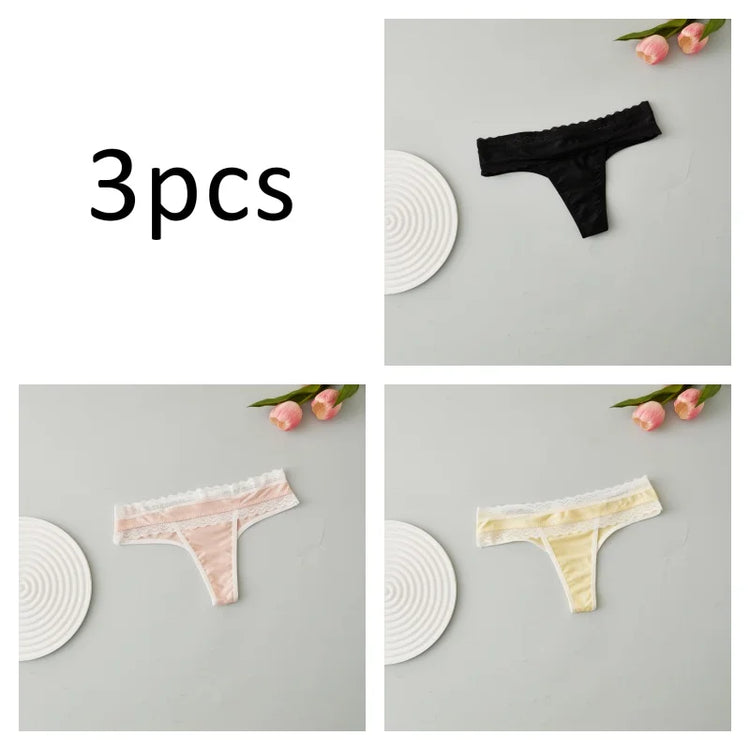 3PCS Women's Thong Solid-Color Lace Sexy Women's Underwear Low-Rise Versatile Comfortable Fashionable Panties