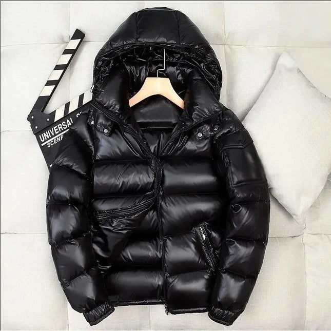 Mens Glossy Parka Casual White Duck Hooded Down Jacket Waterproof Windproof Ski Thick Warm Outwear Men Winter Fashion Shiny Coat