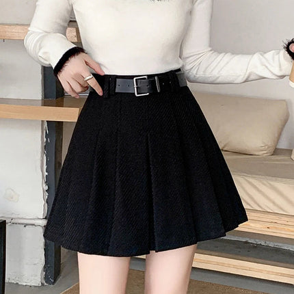 Vintage Winter Pleated Mini Skirt Women Streetwear High Waist Woolen Cute Skater Skirts With Shorts Belt Grey Black Skirt Woman PlatiNum