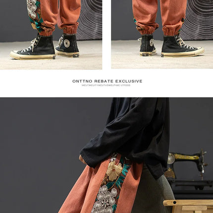 Pantaloni casual alla moda Abbigliamento da uomo Cotone Samurai giapponese Ricamo Patchwork Pantaloni Harem Pantaloni Harajuku oversize da uomo