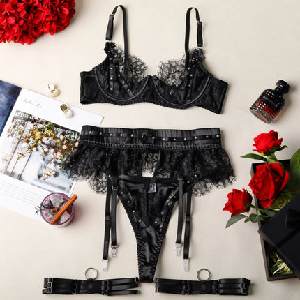 Toucheart Erotic Lingerie Lace See-through Bow Knot Decor Patchwork Body Shaping Hollow Intimate Women Flirt Hot Underwear Set