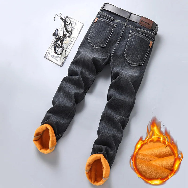 Winter Fleece Warm Straight Stretch Thermal Warm Flannel Work Denim Trousers Male Brand Clothing Men's Business Fashion Jeans