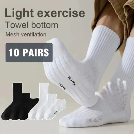10 paires de chaussettes HLHYX pour homme en coton déodorant, à fond en éponge, mi-mollet, blanches, épaissies, pour le sport et le basket-ball