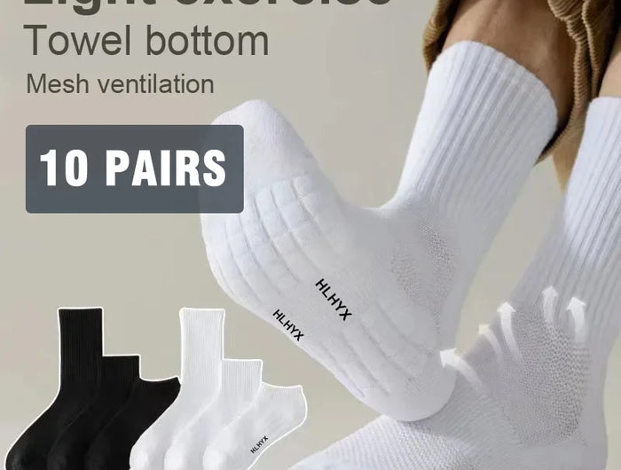 10 paires de chaussettes HLHYX pour homme en coton déodorant, à fond en éponge, mi-mollet, blanches, épaissies, pour le sport et le basket-ball