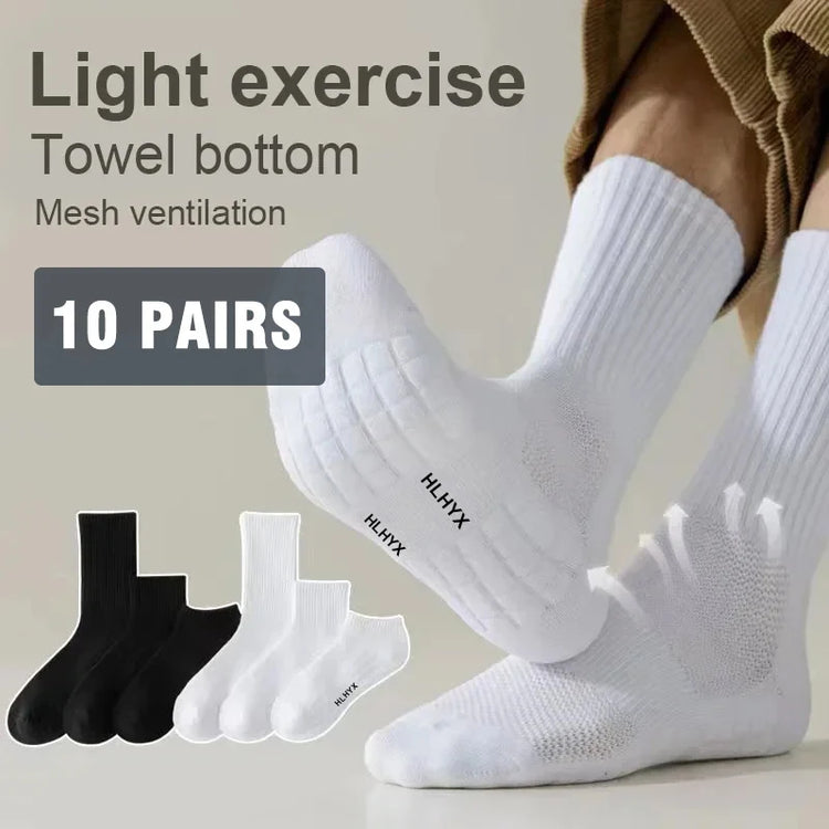 10 paia di calzini HLHYX da uomo in cotone deodorante, con fondo in spugna, a tubo medio, bianchi, i