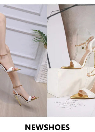 New Summer Sandals Women Fashion Gold Chain Ankle Strap Sexy Peep Toe Ladies Metal High Heels Sandals Woman Party Shoes Pumps PlatiNum