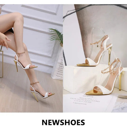 New Summer Sandals Women Fashion Gold Chain Ankle Strap Sexy Peep Toe Ladies Metal High Heels Sandals Woman Party Shoes Pumps PlatiNum