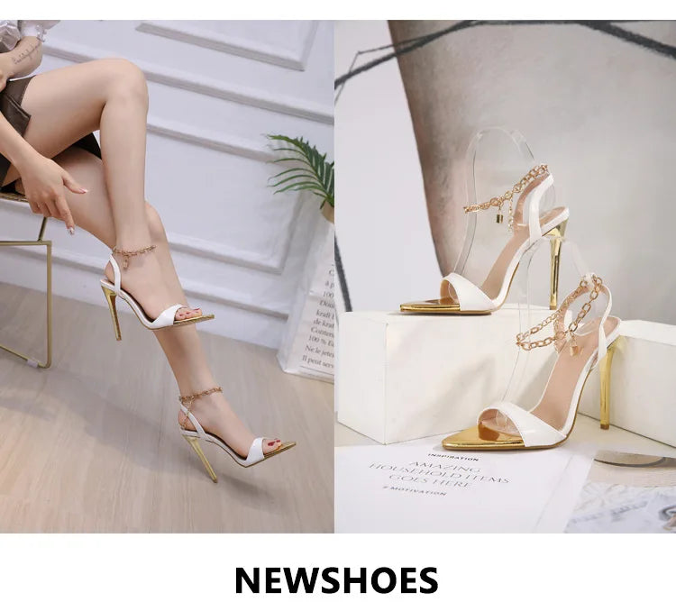 New Summer Sandals Women Fashion Gold Chain Ankle Strap Sexy Peep Toe Ladies Metal High Heels Sandals Woman Party Shoes Pumps PlatiNum
