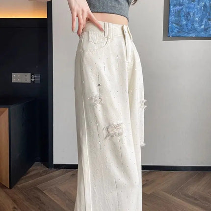 Jeans bianchi traspiranti a gamba larga da donna Pantaloni strappati per pantaloni estivi a vita alta con diamanti