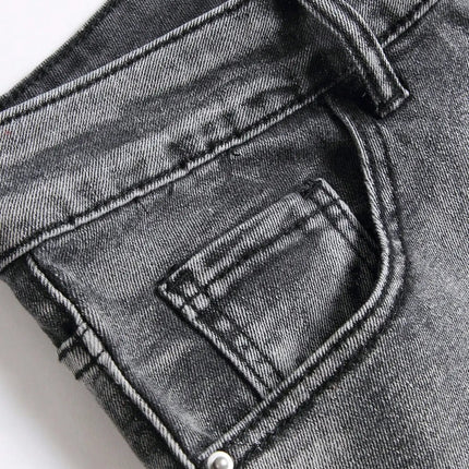 Men‘s Stretchy Denim Jeans Streetwear Tearing Patchwork Holes Ripped Denim Elastic Waist Casual Pants Slim fit Straight Trousers PlatiNum