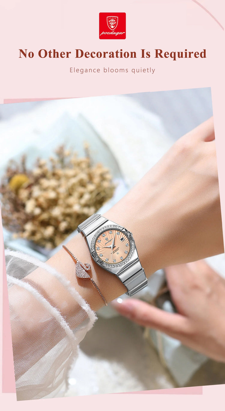 Orologio da donna POEDAGAR, raffinato, impermeabile, luminoso, con datario, in acciaio inossidabile, elegante orologio da polso al quarzo per donna. platinumshop