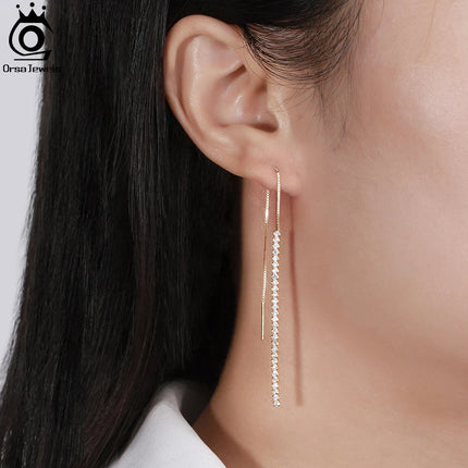 ORSA JEWELS 925 Silver Minimalism Dangle Long Chains Earrings for Women Vintage Cubic Zircon Drop Earings Jewelry Gifts SE111 PlatiNum