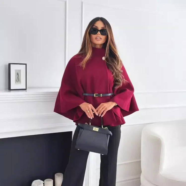 Women's Thick Turtleneck Batwing Sleeve Cape Coat with Single Button Elegant Three Quarter Length Top for Woman and Ponchos