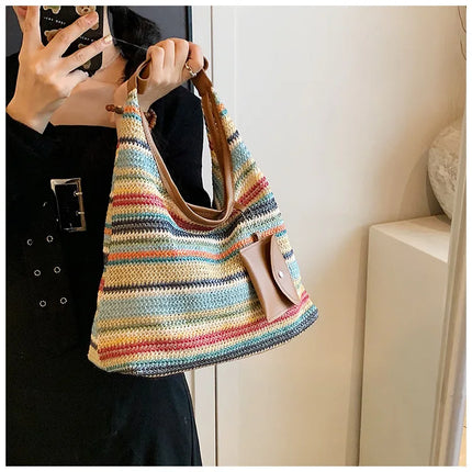 Hand-Woven Large Capacity Tote Bag for Women, Fashionable Commuter Bag, INS Style, Beach Bag for Daily Travel