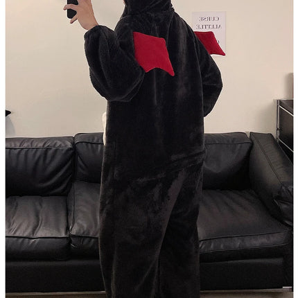 Cartoon Devil Pajamas Couples Women Men Onesie Sleepwear Winter Thicken Hooded Loungewear Coral Fleece Homewear Pijama Disfraz