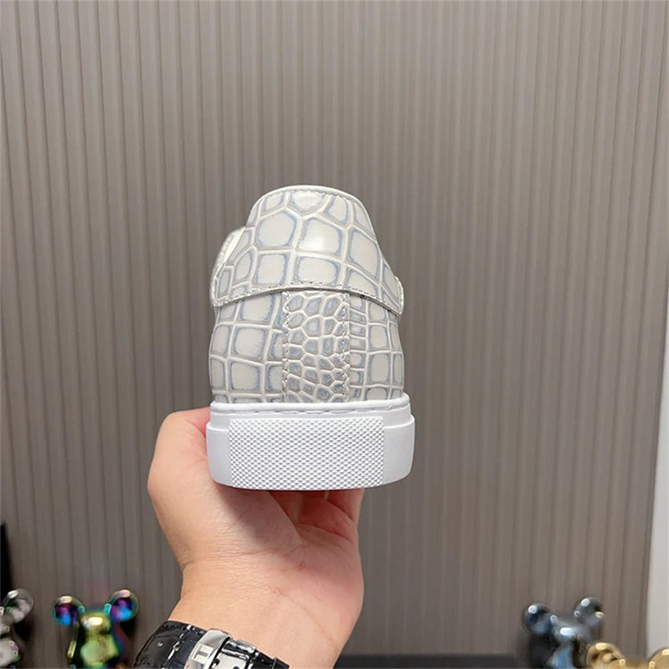 Leather Sneakers Men Calfskin Alligator Pattern Casual Shoes Lace Up Flats Daily Footwear
