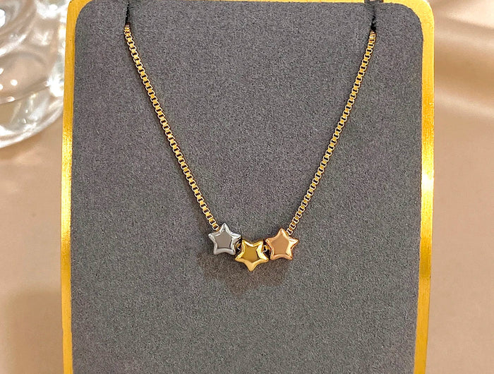 Cute Triple Color Star Beads Necklace for Women Girls Fashion Gold Plated Stainless Steel Charm Necklaces Waterproof Jewelry PlatiNum