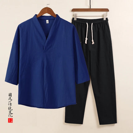 Set da due pezzi da uomo in cotone di lino confortevole (camicie + pantaloni) stile cinese retrò a maniche corte da uomo casual vestito di linguetta pantaloni Kungfu