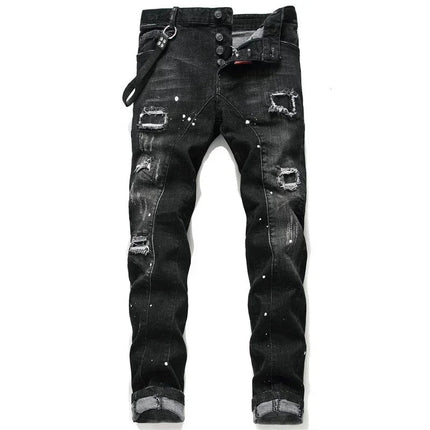 New Fashion Men Black Ripped Denim Jeans talian High Street Style Denim Pants High Quality Male Slim Fit Denim Trousers Size 38 PlatiNum