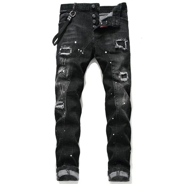 New Fashion Men Black Ripped Denim Jeans talian High Street Style Denim Pants High Quality Male Slim Fit Denim Trousers Size 38 PlatiNum