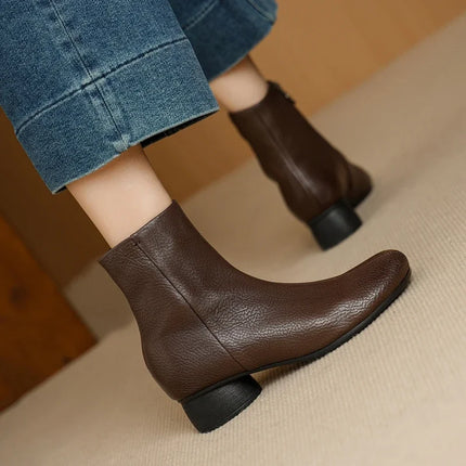 Women's Shoes Sheepskin Round Toe Side Zip 2027 Autumn Ankle Boots 4.5cm Thick Med Heel High Quality Soft Casual Short Booties