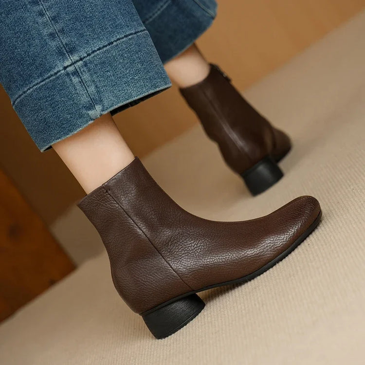 Women's Shoes Sheepskin Round Toe Side Zip 2027 Autumn Ankle Boots 4.5cm Thick Med Heel High Quality Soft Casual Short Booties