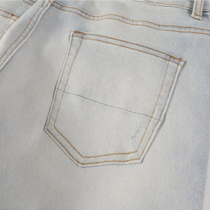 Men Pale Light Blue Biker Jeans Cracked Pleated Patch Patchwork Stretch Denim Pants Streetwear Holes Ripped Skinny Trousers PlatiNum
