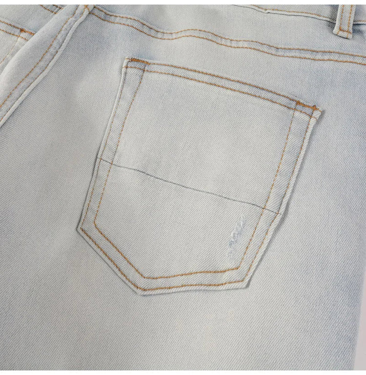 Men Pale Light Blue Biker Jeans Cracked Pleated Patch Patchwork Stretch Denim Pants Streetwear Holes Ripped Skinny Trousers PlatiNum
