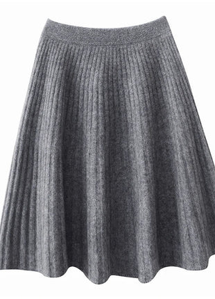 Korean Skirt 100% Merino Wool Women's Knitted Mini Skirt Autumn and Winter Women's Fashion Solid Color Small Umbrella Skirt PlatiNum