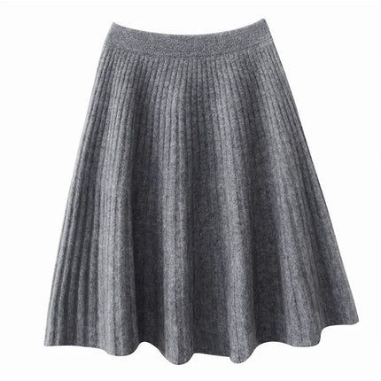 Korean Skirt 100% Merino Wool Women's Knitted Mini Skirt Autumn and Winter Women's Fashion Solid Color Small Umbrella Skirt PlatiNum