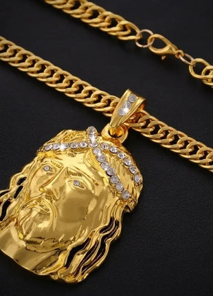 Vintage Christian Ice Crystal Jesus Head Pendant Necklace for Men and Women Cross Catholic Amulet Jewelry PlatiNum