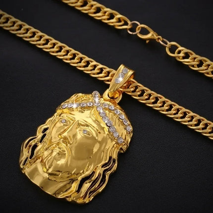 Vintage Christian Ice Crystal Jesus Head Pendant Necklace for Men and Women Cross Catholic Amulet Jewelry PlatiNum