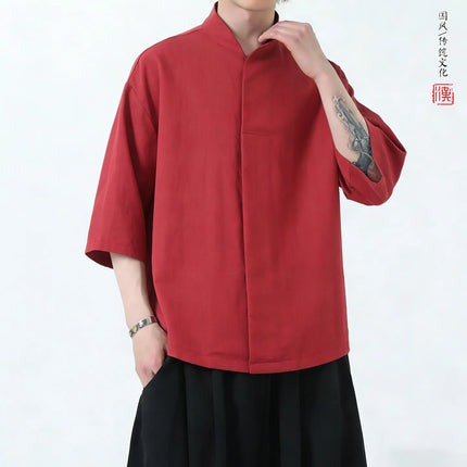 Camicie da uomo estive in lino di alta qualità, tinta unita, a maniche corte, stile cinese tradizionale, per Kung Fu e Tai Chi