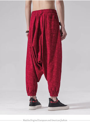 Pantaloni a gamba larga da uomo in cotone e lino casual oversize Harajuku pantaloni alla moda da uomo samurai giapponese retrò Ukiyo-e stampa pantaloni con cintura da uomo