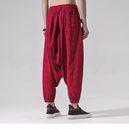 Pantaloni a gamba larga da uomo in cotone e lino casual oversize Harajuku pantaloni alla moda da uomo samurai giapponese retrò Ukiyo-e stampa pantaloni con cintura da uomo