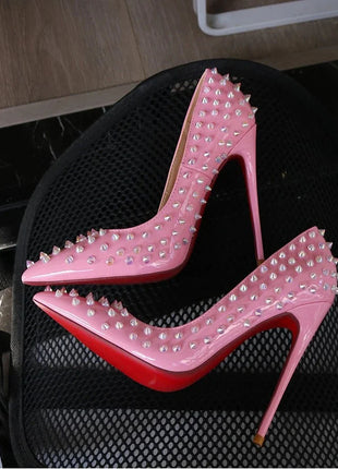 Tacchi alti tempestati di rosa, alla moda, bocca ultra poco profonda, punta a punta, tacco sottile, cielo odio, stile punk alto, 12 cm platinumshop