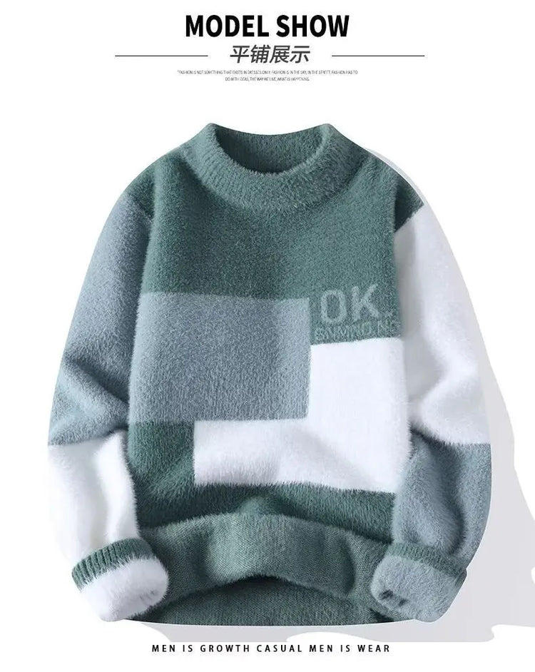 2024 New Men's Plush Sweater Pullovers Korean Winter Warm O Neck Black Sweater High Quality Cool Top Fashionable Men's Clothing