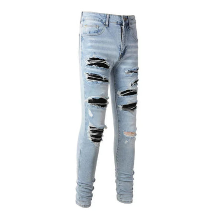 High Street Jeans Patch Hand-worn Holes Slim Skinny Jeans for Men PlatiNum